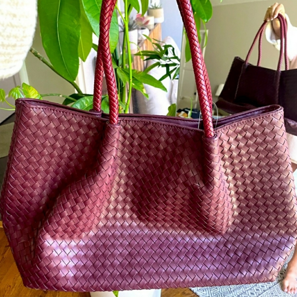 Lulu Dharma Burgundy Woven Vegan Leather Tote Bag